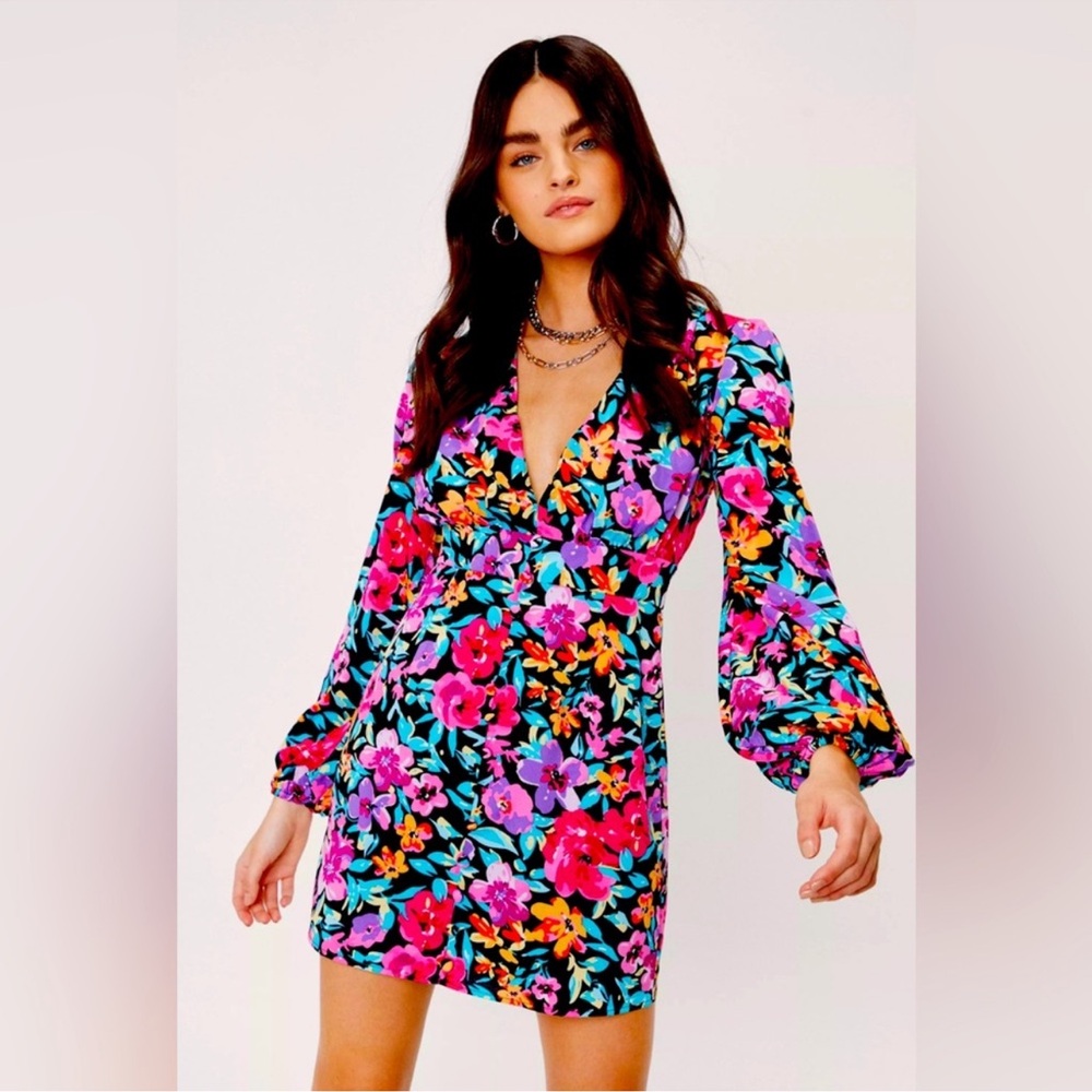 Nasty Gal Pink and Blue V-Neck Bodycon Dress with Bishop Sleeves